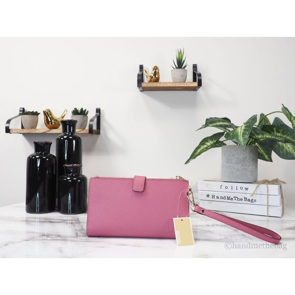 NEW Michael Kors Jet Set Travel Large Wristlet Pink Leather Double Zip Wallet - Picture 3 of 8